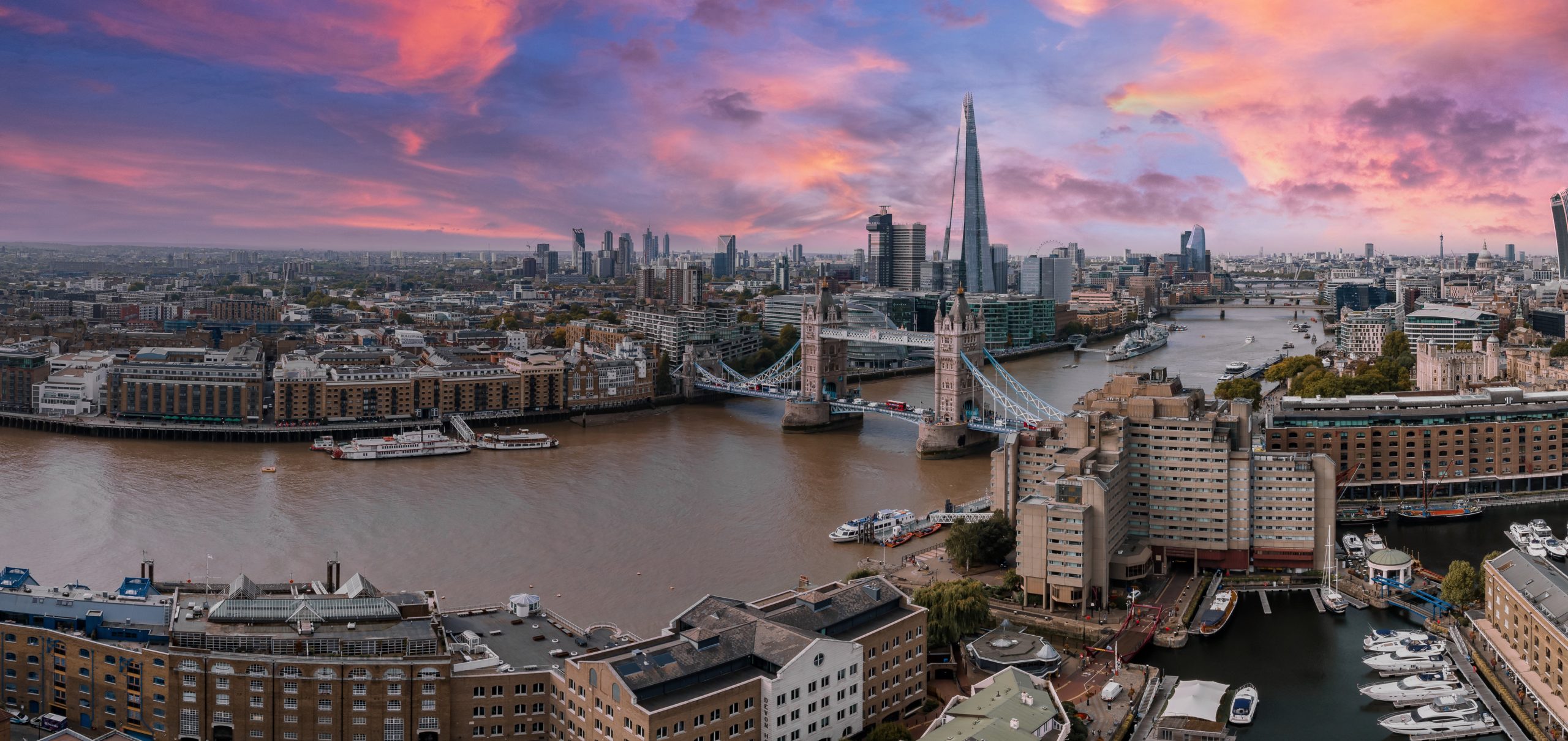 Aerial view of the Tower bridge, central London, from the South